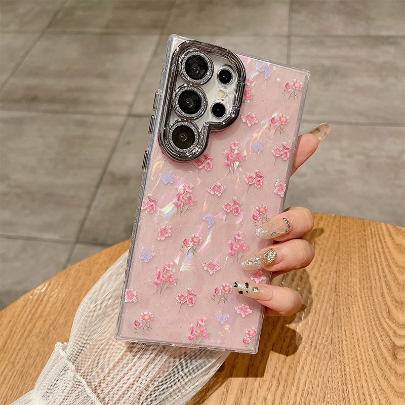 Cute Floral Phone Case with Pearl Gloss Back & Camera Stand – Full-Cover Protection