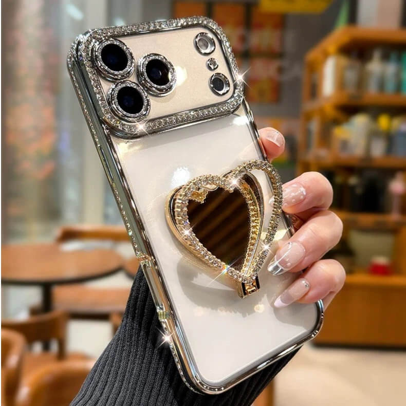 Crystal Heart Mirror Stand iPhone Case – Glam Style & Full Protection